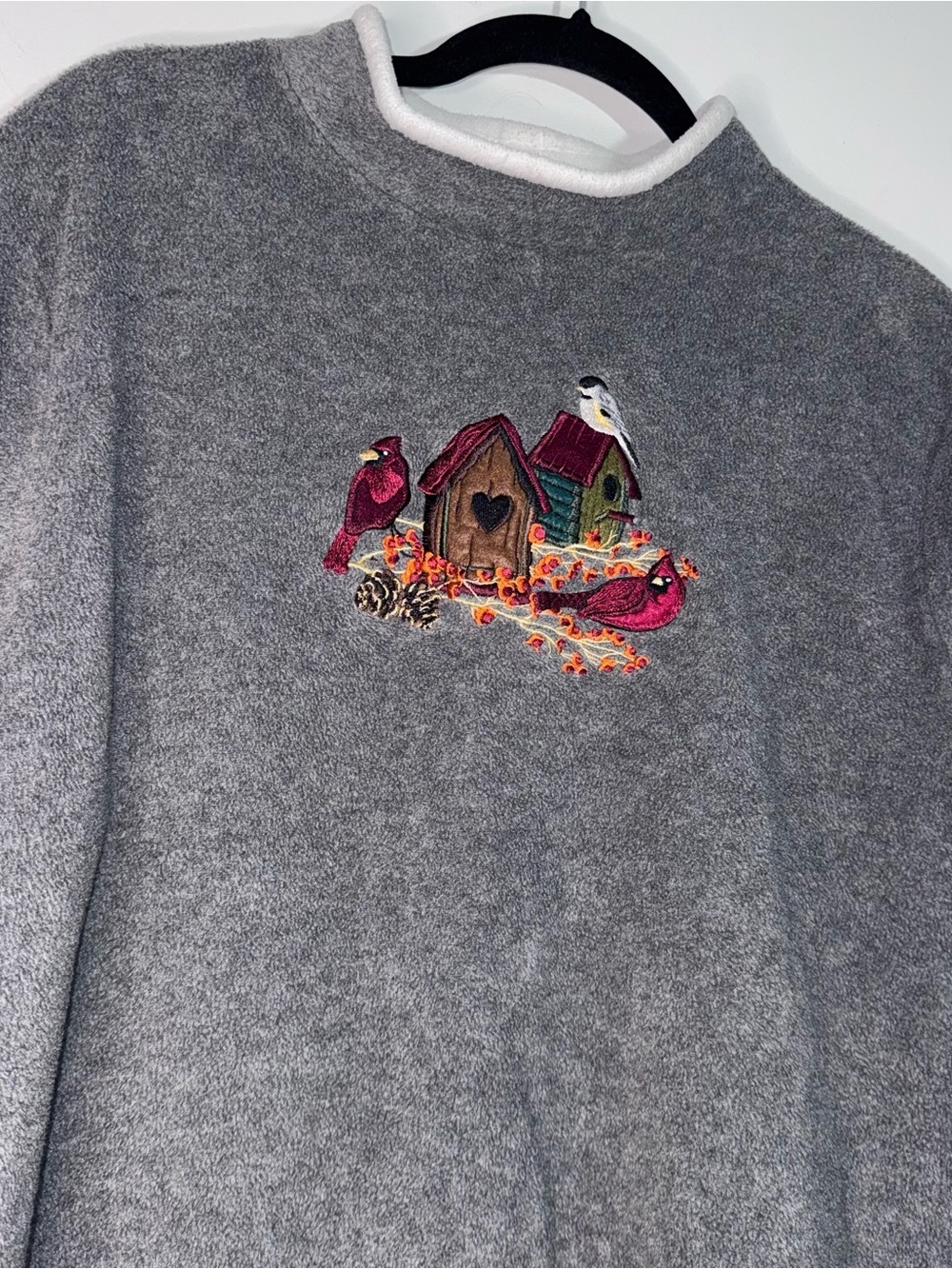 Croft & Barrow XL Gray Fleece Cardinal Birdhouse Cottagecore Pullover Top